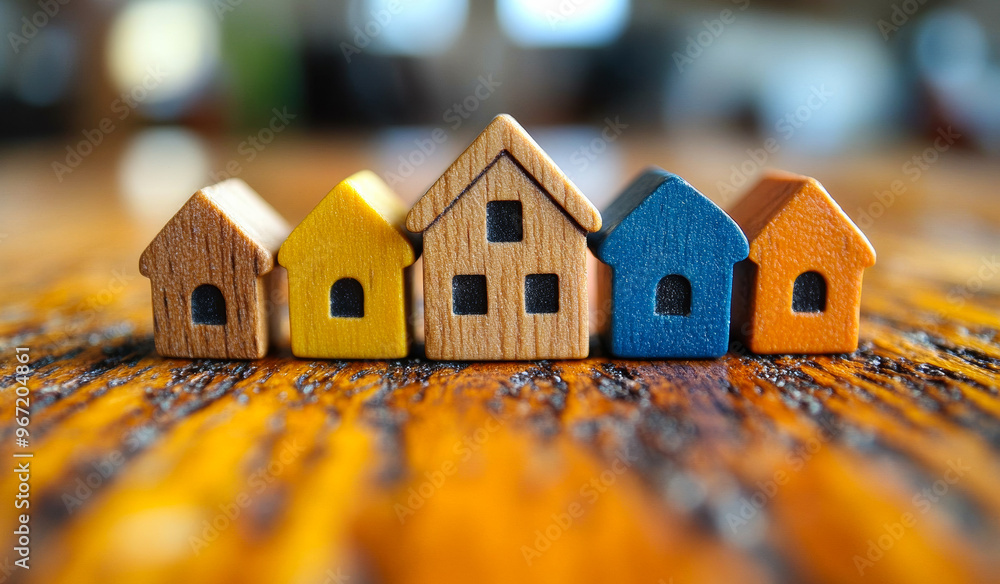 Poster a row of wooden houses are lined up on a table. the houses are of different colors and sizes, and th