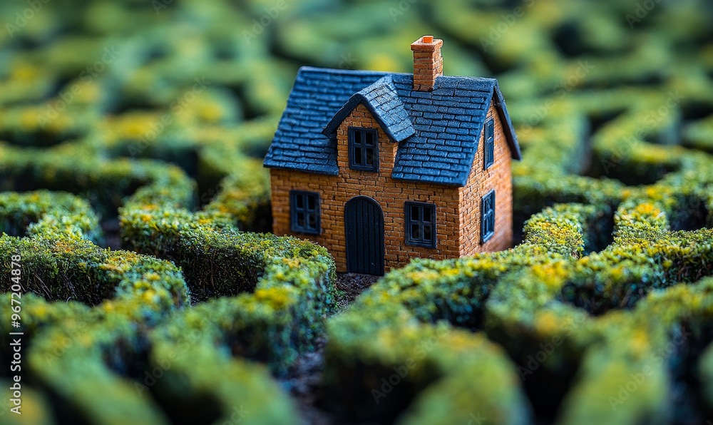 Poster a small house is in a maze of hedges. the house is surrounded by tall bushes and is almost hidden fr