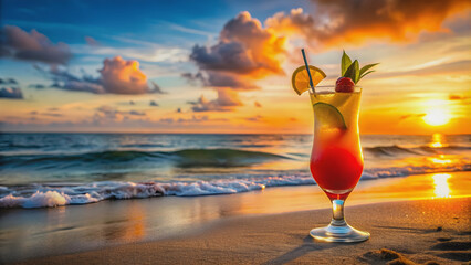 Tropical mocktail cocktail on a beach at sunset, tropical, mocktail, cocktail, beach, sunset, palm trees, relaxation, vacation
