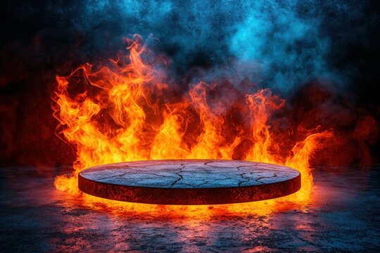 Fiery explosion with burning platform in dark, smoky background