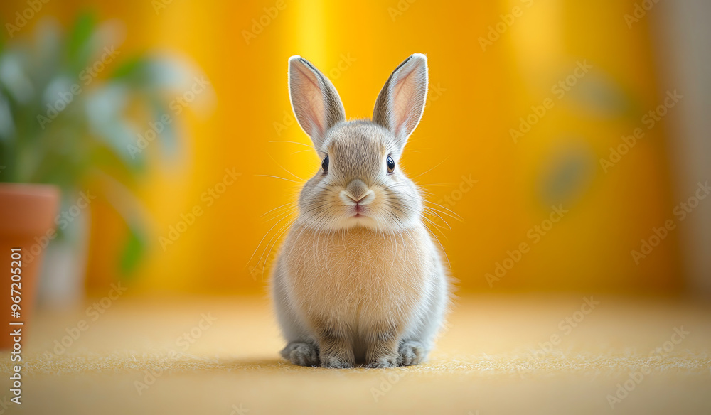 Poster a small rabbit is sitting on a carpet in front of a yellow curtain. the rabbit is looking at the cam