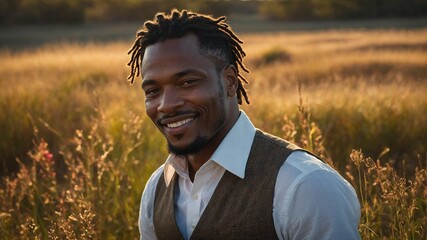 Middle-aged Black man with short dreadlocks wearing white shirt and vest, smiling in field