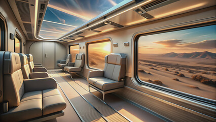 Fototapeta premium Futuristic train interior with desert landscape outside window, train, interior, concept, art, futuristic, desert