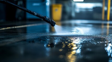 Industrial-grade high-pressure cleaner washing a concrete garage floor, water glistening under harsh fluorescent lighting, Hyperrealism, Industrial, Dark Tones, Sharp Focus