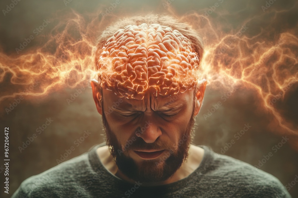 Poster thought power creative energy auditory processing energy burst and sound resonance man with glowing 