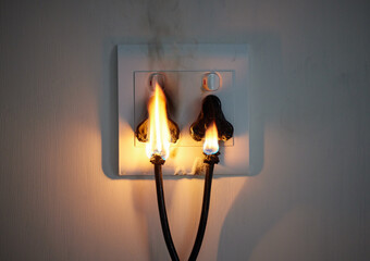 Electricity, flame and socket on wall of home with space for accident, connection or emergency....