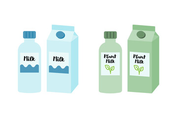 Milk and plant milk packages, bottles and cartons in comparison.