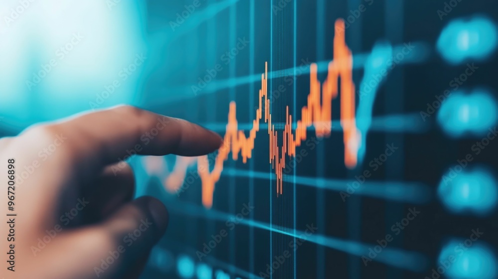 Poster close up shot of a human hand pointing to an upward trending line graph visualizing positive busines