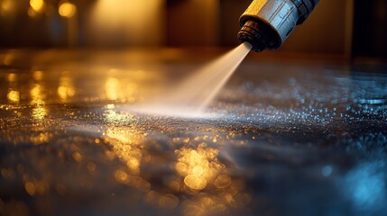 Intense close-up of a high-pressure nozzle blasting water onto a dirt-covered floor, the cleaning force creating a sharp contrast between clean and dirty