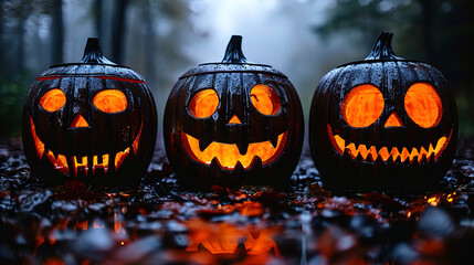 Halloween greeting card, spooky pumpkin sitting on the forest floor