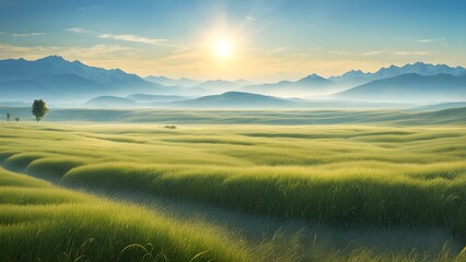 Fototapeta premium A large field of grass with a tree in the foreground