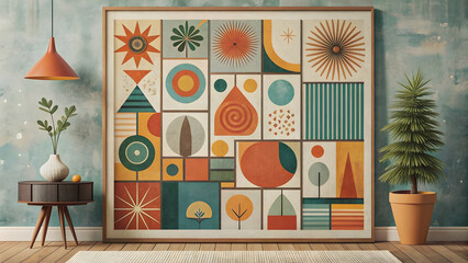 Abstract mid century style art poster print, abstract, mid century, art, poster, print, design, vintage, retro, colorful