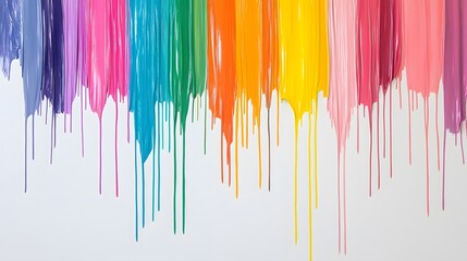 Vivid rainbow paint slowly dripping down a pristine white wall, bright studio lighting to capture every hue, paint streaks blending smoothly, the flow creating organic patterns, a sense of artistic