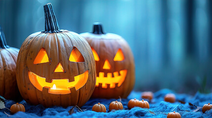 Halloween greeting card, spooky pumpkin sitting on the forest floor