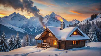 Cozy cabin retreat in the snow-capped mountains with smoke from the chimney and warm light spilling from windows , rustic, cabin