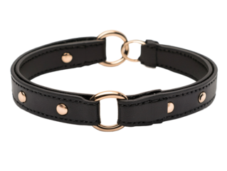 a black leather bracelet with gold rings