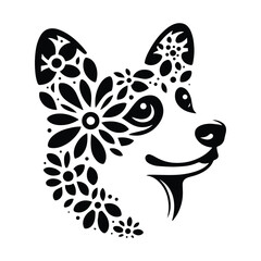 Obraz premium Corgi dog made by simple flower drawing, black and white animal illustration