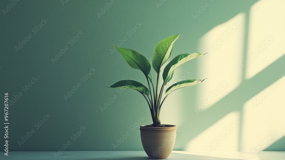 Canvas Prints A potted plant with green leaves against a teal wall with a window light shadow