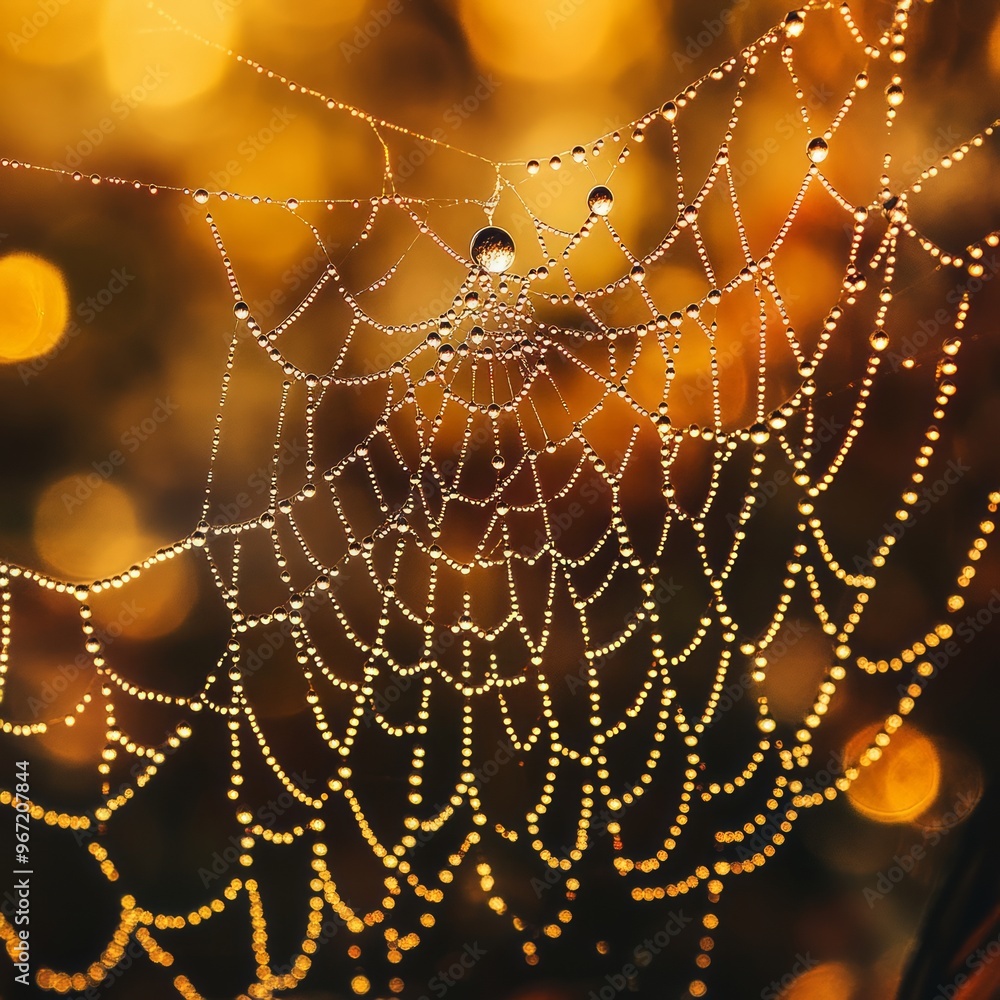 Sticker Close-up of a spiderweb with dew drops in the early morning light.