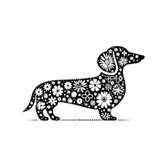 Obraz premium Dachshund dog made by simple flower drawing, black and white animal illustration