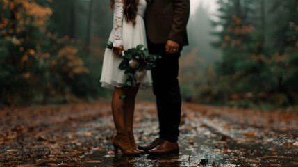 Romantic Bride And Groom Embracing Autumn Fores