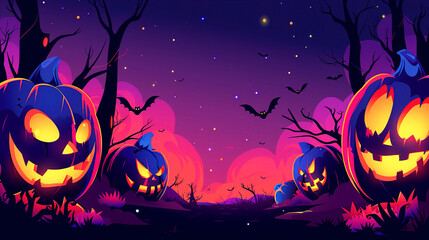 Halloween greeting card, spooky pumpkin sitting on the forest floor