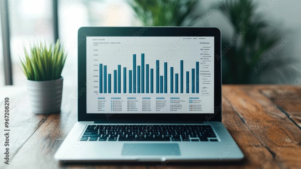 Poster focused business leader reviewing key performance indicator dashboards on laptop tracking progress a