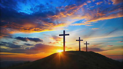 Three crosses silhouetted on a hill at sunset with a vivid blue sky, sunset, hill, crosses, religious, Christianity, dusk