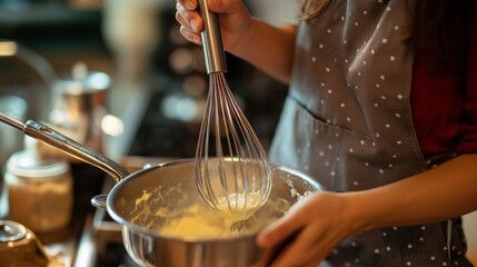 A person in an apron whisking batter in a saucepan while cooking in a modern kitchen during the afternoon