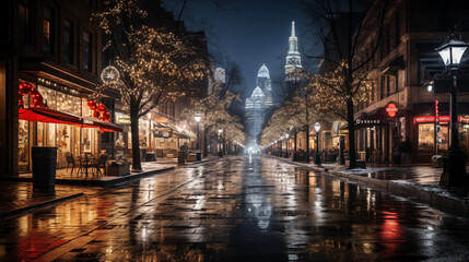 A wide-angle night-time photograph of a bustling capital city with tall buildings and skyscrapers illuminated by colorful lights. The city is celebrating Christmas, with festive decorations, 