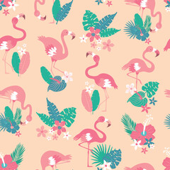 Pattern with pink flamingos and tropical leaves on pink background. Pink flamingo in flat style. Seamless pattern for textile, wrapping paper, background.