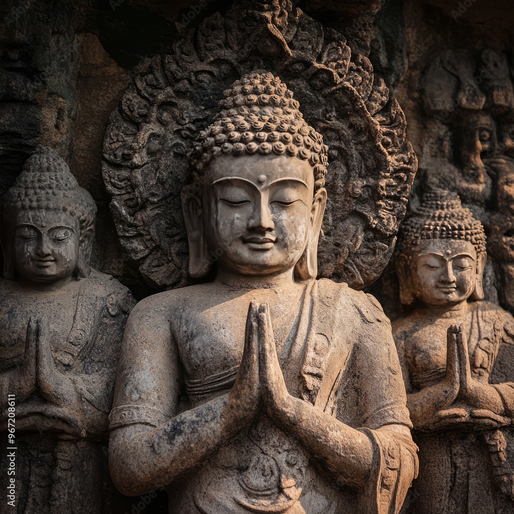 Canvas Prints Close-up of a weathered stone Buddha statue with hands in prayer position, surrounded by other statues.