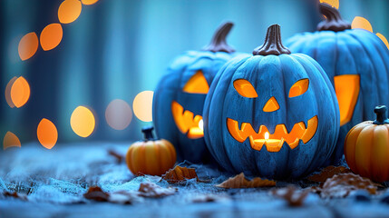 Halloween greeting card, spooky pumpkin sitting on the forest floor