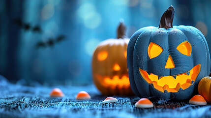 Halloween greeting card, spooky pumpkin sitting on the forest floor