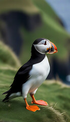 Naklejka premium atlantic puffins preparing fly faroe islands