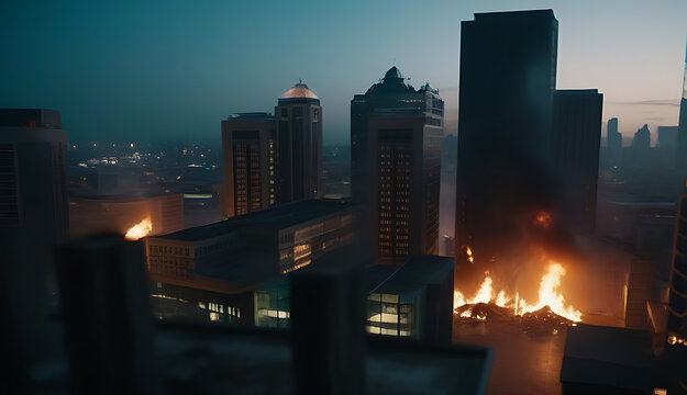 interior city scene burning buildings zombie hordes shown