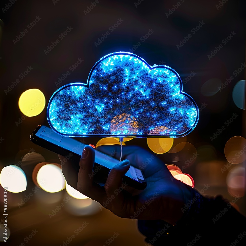 Poster hand holding smartphone with illuminated cloud icon, symbolizing cloud computing and data storage.