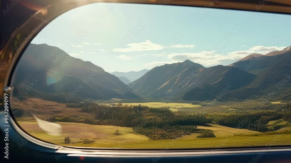 Poster sunlight streams through window of private jet, casting golden glow on breathtaking view of green va