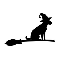Logo con silueta de perro sentado con sombrero de bruja en una escoba para su uso en felicitaciones y tarjetas de Halloween © teracreonte