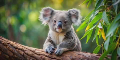 Fototapeta premium Adorable koala bear cub sitting in a eucalyptus tree , wildlife, Australia, cute, fluffy, furry, young, baby, marsupial