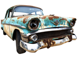 a rusty old car with a broken headlight