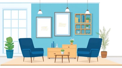 Fototapeta premium A stylish living room featuring comfortable armchairs and shelves against a blue wall with a white background. The room’s design emphasizes a modern and inviting atmosphere