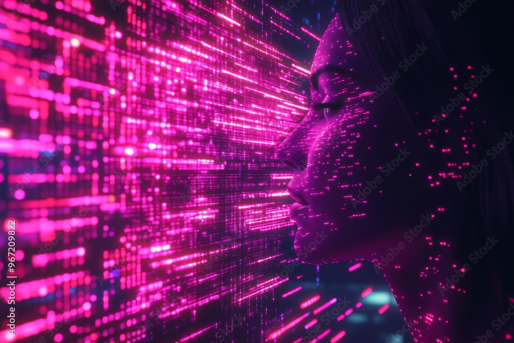 Poster mental energy virtual brain auditory communication sound resonance and augmented vision side profile