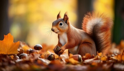 A busy squirrel gathering acorns on the forest floor, surrounded by a blanket of fallen autumn leaves, illustrating the beauty of wildlife in nature.