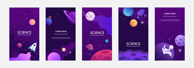 Set of space banners. Templates for stories. Vector illustration. planets, stars, rocket. Blue space.