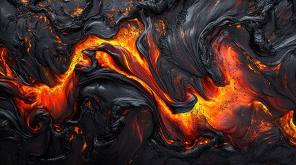 A vivid display of dynamic patterns resembling molten lava, showcasing swirling orange and black textures amidst a volcanic backdrop