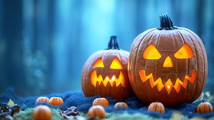 Halloween greeting card, spooky pumpkin sitting on the forest floor
