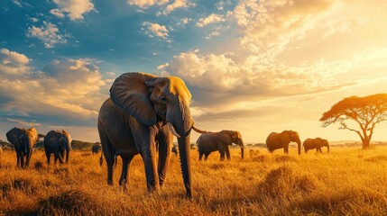 Fototapeta premium Majestic African Elephant Herd Silhouetted at Sunset on Savanna Landscape