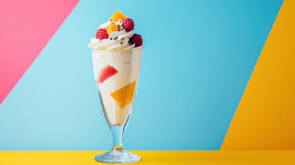 A tall glass filled with a creamy, light yellow milkshake topped with whipped cream, sliced mango, raspberries, and a few chocolate sprinkles against a bright pink, blue, and yellow background.