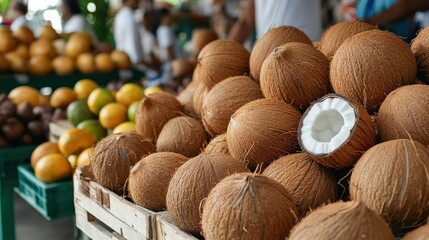 A display of fresh, market-ready coconuts (Cocos nucifera), perfect for tropical drinks and cooking